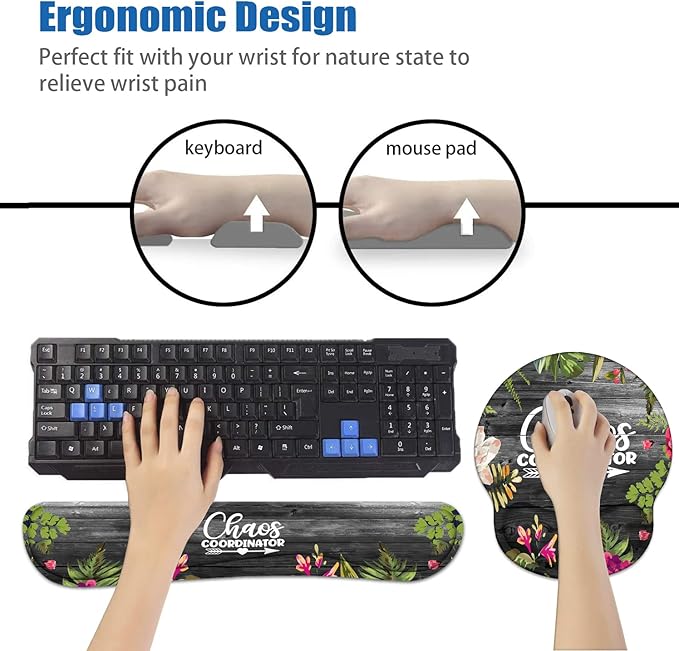 Keyboard Wrist Rest and Mouse Pad Wrist Support Set with Coasters, Chaos Coordinator Quotes Colored Floral Wreath Print Wrist Support Mouse Pad with Non-Slip PU Base for Home Office Working Studying