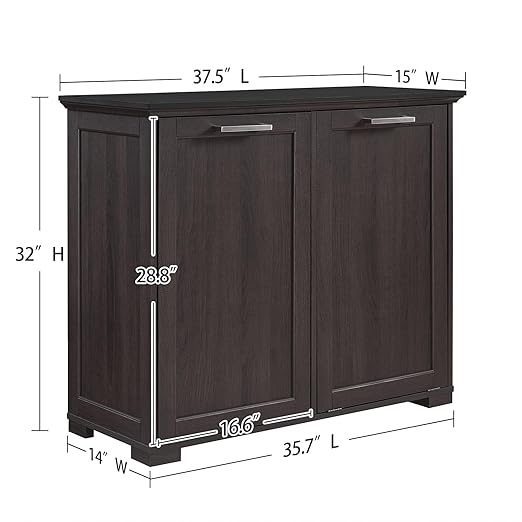 OLD CAPTAIN Double Tilt Out Trash Cabinet, Wooden Kitchen Garbage Can Free Standing Holder (Dark Brown+Black Top Panel)