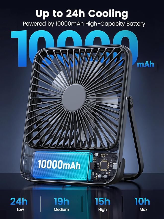 Warmco 10000mAh Portable Travel Fan 7-inch, Max 24H Runtime, Ultra-thin Quiet Rechargeable Battery Operated Desk Fan with Digital Display for Camping, Office, Bedroom, Cruise Essentials