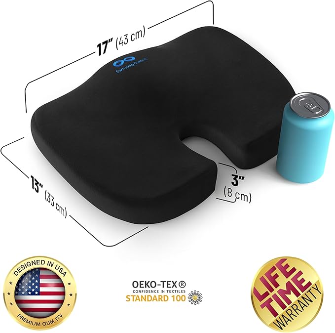 Everlasting Comfort Doctor Recommended Memory Foam Seat Cushion for Office Chairs & Car - Ergonomic Office Desk Accessories - Cushions for Tailbone Pain Relief, Sciatica (Black Upgraded, Large)
