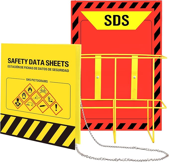 MSDS SDS Binder and Wall Station - Yellow Heavy Duty 3 Inch Material Safety Data Sheet 3 Ring Binder with SDS Wire Rack and Display Sign, Chain,Mounting Hardware,Safety Posters,MSDS Labels