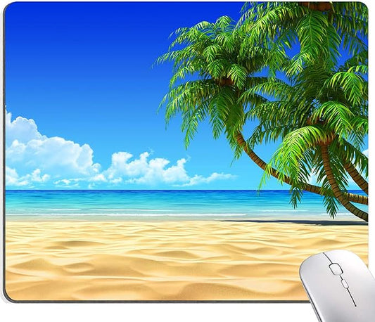 Beach Mouse Pad, Mouse Mat Square Waterproof Mouse Pad Non-Slip Rubber Base MousePads for Office Home Laptop, Beach and Coconut Trees Design