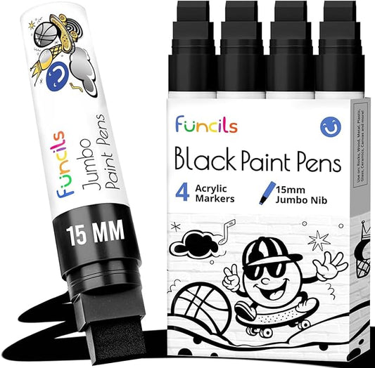 4 Jumbo Black Poster Markers - 15mm Fat Acrylic Paint Markers for Wood, Rock Painting, Plastic, Glass, Metal, Walls, Fabric - Large Thick Permanent Paint Pens for Signs, Board, Teachers