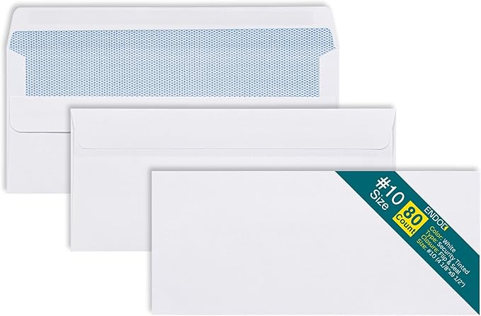 #10 Envelopes Self Seal - 80/pack - 4 1/8 x 9 1/2 inch Letter Size - Business Envelopes #10 Flip & Stick Closure, Security Tinted for Invoices, Statements - Blank White 24lb Paper