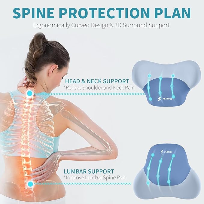 FLORICH Seat Cushion and Lumbar Support Pillow for Office Chair Car Neck Headrest Pillow 100% Memory Foam Seat Pads Pressure Relief Back Cushion and Carseat Pads(Blue)