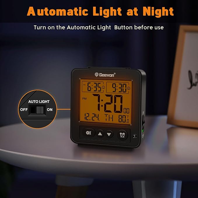 Geevon Smart Night Light Small Digital Alarm Clock with 2 Increasing Beep Alarm, Indoor Temperature, Battery Operated Travel Clock for Bedroom, Bedside, Desk(Black)