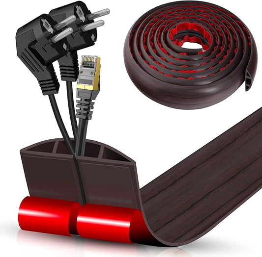 Floor Cord Cover Cavity 0.8"x0.37" Self Adhesive Cord Hider, 10FT Low Profile Cable Management, Extension Strip Protector for Wires, Prevent Cable Trips for Offices, Gyms, Exhibitions（Black Wood）
