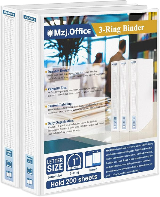 3 Ring Binder 1 inch, 2 Pack 1 Binders 3 Ring with Clear View Front Pocket, Holds 200 Sheets, Round Rings for US Letter Paper, School & Office Supplies.