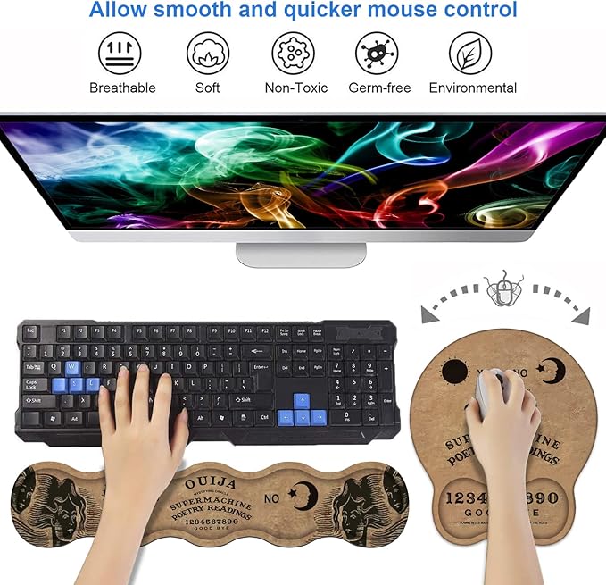 Wrist Rest Support Ergonomic Gel Mouse Pad & Memory Foam Keyboard Set, Non-Slip Rubber PU Base for Home Office Working Studying Easy Typing & Pain Relief, Retro Ouija Board