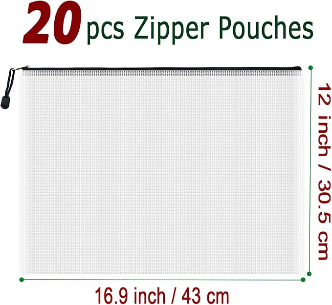AUSTARK 20 Pcs Zipper File Bags, Plastic Mesh Pouch, Board Game Storage Bag, Waterproof Bags for Office School (A3 Size 16.9''x12'', White and Black)