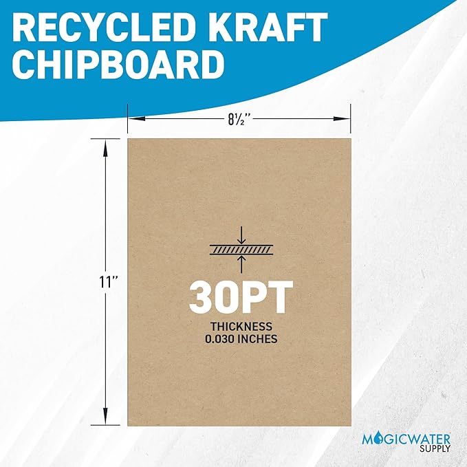 MagicWater Chipboard Sheet for DIY Projects - 8.5x11 Inch - 50 Pack - 30 pt - Heavy Duty Kraft (0.030 Inch Thick) Paperboard, for Scrapbooking, Books, Picture Frame Backing, Arts Project & Crafts
