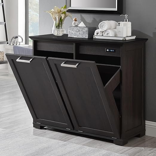 OLD CAPTAIN Double Tilt Out Trash Cabinet, Wooden Kitchen Garbage Can Free Standing Holder (Dark Brown+Black Top Panel)