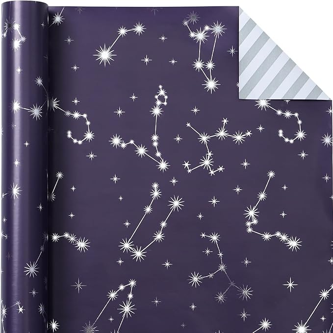 WRAPAHOLIC Reversible Constellation Wrapping Paper - Mini Roll - 17 Inch x 33 Feet - Navy and Silver Metallic Foil and Stripes Galaxy Wrapping Paper for Birthday, Wedding, Baby Shower