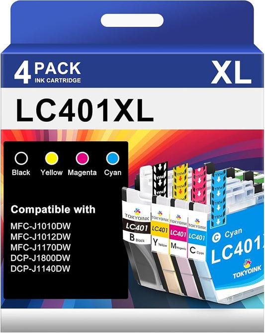 TOKYOINK LC401XL Ink Cartridges Compatible for Brother Ink LC401 401XL Cartridge to use with MFC-J1010DW MFC-J1012DW MFC-J1170DW MFC-J1800DW (401 XL, 4 Pack)