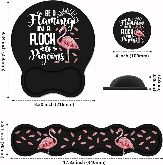 Keyboard Wrist Rest & Mouse Pad Wrist Support Set, Inspirational Quote Be a Flamingo in a Flock Pigeons Design Non-Slip Rubber PU Base for Home Office Working Studying Easy Typing & Pain Relief