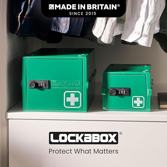 Lockabox Mini™ | Small Medicine Lock Box with Combination Lock (Half Letter Sized) | Mini Medical Lockable Box For Tablets, Creams & Medical Pens | External Size 8.8 x 6.1 x 4.7 Inches (Medi Green)