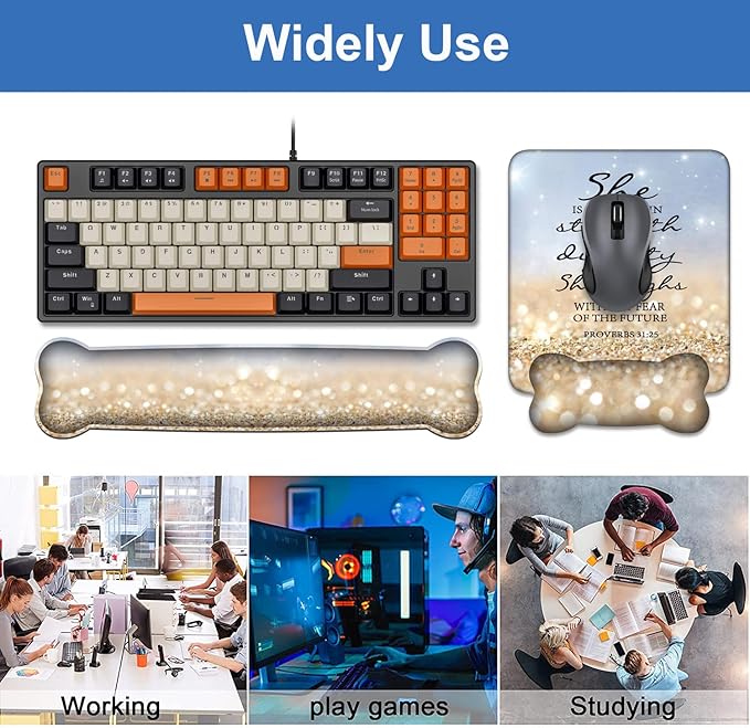 Wrist Rest Support Ergonomic Gel Mouse Pad & Memory Foam Keyboard Set, Non-Slip Rubber PU Base for Home Office Working Studying Easy Typing & Pain Relief - Bible Verses Proverbs 31:25