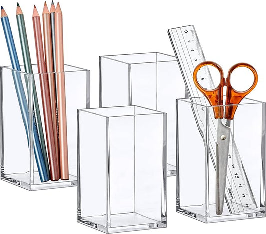 Amazing Abby - Penelope - 4-Pack Pen Holder, Acrylic Pen Holder, Clear Plastic Organizer for Office Supplies, Perfect Office Desktop Storage Solution for Pencils, Pens, Markers, Scissors, and More