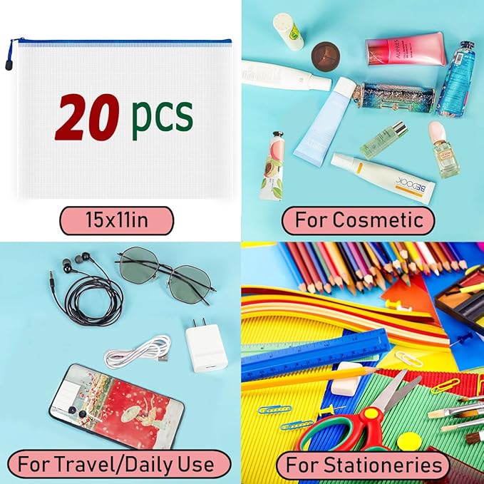 AUSTARK 20 Pcs Zipper File Bags, Plastic Mesh Pouch, Board Game Storage Bag, Waterproof Bags for Office School (B4 Size 15''x11'', White and Blue)