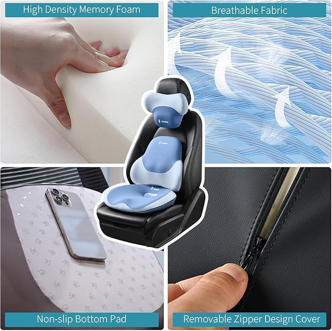 FLORICH Seat Cushion and Lumbar Support Pillow for Office Chair Car Neck Headrest Pillow 100% Memory Foam Seat Pads Pressure Relief Back Cushion and Carseat Pads(Blue)