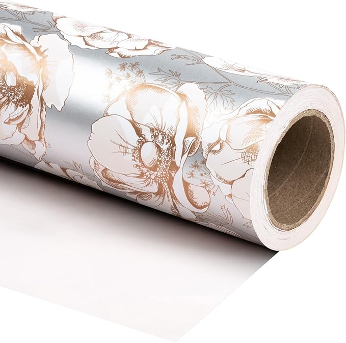 WRAPAHOLIC Reversible Floral Wrapping Paper - Mini Roll - 17 Inch X 33 Feet - Elegant Pink Wedding Wrapping Paper for Birthday, Bridal Shower, Baby Shower