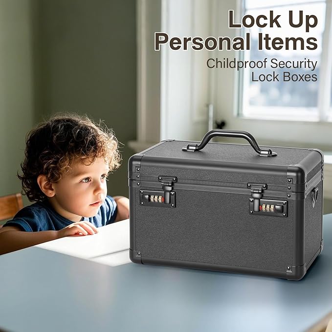 Large Lock Box - 11x6.7x7.9 Inch Lockable Security Storage Case with Combination Lock, Locking Medicine Box for Personal Items, Passports and Pills, Lockbox for Home Office, Black