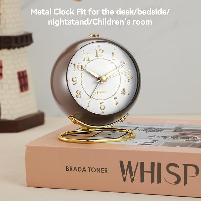 Metal Desk Alarm Clock, Retro Bedroom Table Vintage Analog Silent Non-Ticking Gold Alarm Clock, Bedside Decor(Coffee Brown)