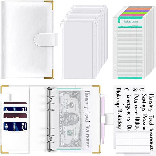 Rnivvi Budget Binder with Zipper Envelopes, A6 Money Saving Binder Cash Envelopes for Budgeting, PU Leather Planner Money Organizer for Cash Stuffing Planning, Cute System Wallet for Women Men, White