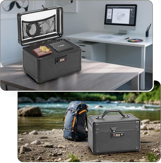 Large Lock Box - 10.2x6.7x6.9 Inch Lockable Security Storage Case with Combination Lock, Locking Medicine Box for Personal Items, Passports and Pills, Lockbox for Home Office, Black