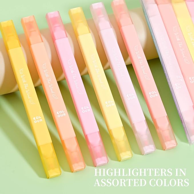 6Pcs Aesthetic Cute Highlighters with Soft Chisel Tip, Double Ended Highlighter, Quick Dry Assorted Colors Highlighters Markers for School Supplies and Office Journaling