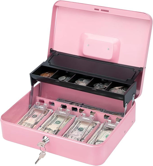 Jssmst Locking Cash Box with Money Tray and Lock, Metal Money Box with Change Lid, 11.8L x 9.5W x 3.5H Inches, Safe Box for Money with Key Lock Pink, SM-CB0515P