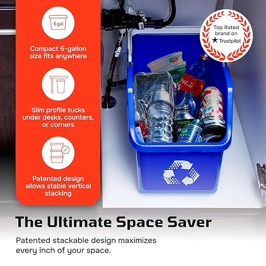 Multi Bin Recycling System with Six Stackable 6 Gallon Recycle Bins to Build Your Recycling Center for Offices, Kitchen, Garages, Businesses (6 Pack, Blue/Green)