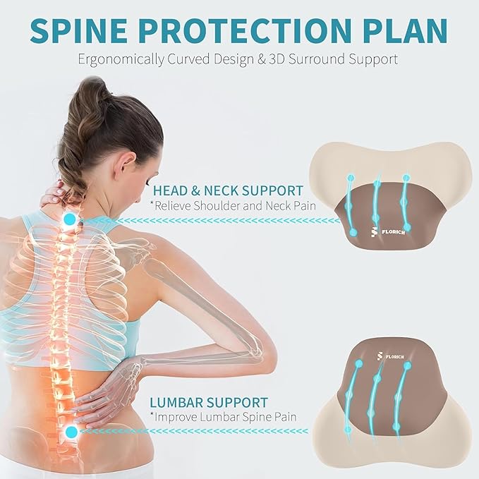 FLORICH Seat Cushion and Lumbar Support Pillow for Office Chair Car Neck Headrest Pillow 100% Memory Foam Seat Pads Pressure Relief Back Cushion and Carseat Pads(Brown)