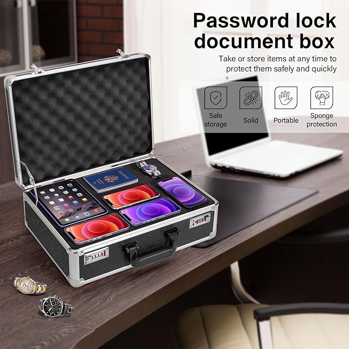 Security Lock Boxes - 18.9 x 14.6 x 6.3 Inch X-Large, Portable Locking Storage Totes with Dual Combination Locks, Medicine Lock Box, Lock Boxes for Personal Items, Cash & Briefcase - Black