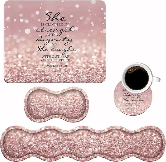 Ergonomic Keyboard Wrist Rest and Mouse Pad Wrist Rest Set with Coasters [4Pcs], Non-Slip Rubber Base for Home Office Working Studying Easy Typing & Pain Relief, Bible Verses Proverbs 31:25