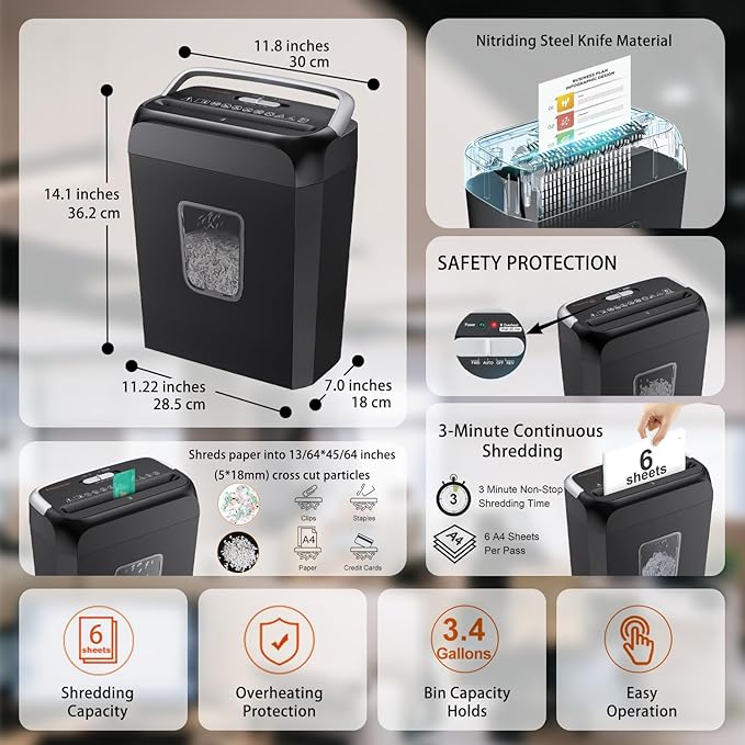 Bonsaii Paper Shredder for Home Office, 6-Sheet Cross-Cut, Shreds Paper, Credit Cards, Mail, Staples & Clips, 3.4-Gallon Clear Bin with Handle
