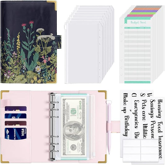 Rnivvi Budget Binder with Zipper Envelopes, A6 Money Saving Binder Cash Envelopes for Budgeting, PU Leather Planner Money Organizer for Cash Bills, Cute Floral System Wallet for Women, Black Flower