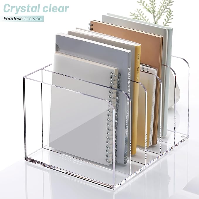YUXUN Acrylic Magazine Holder,Clear Desk Organizer Vertical File Sorter Holder Stand for Notebook,Paper,Envelope,Magazine, Book Storage-Office/Home/Classroom Organization (5 Compartments,B5)