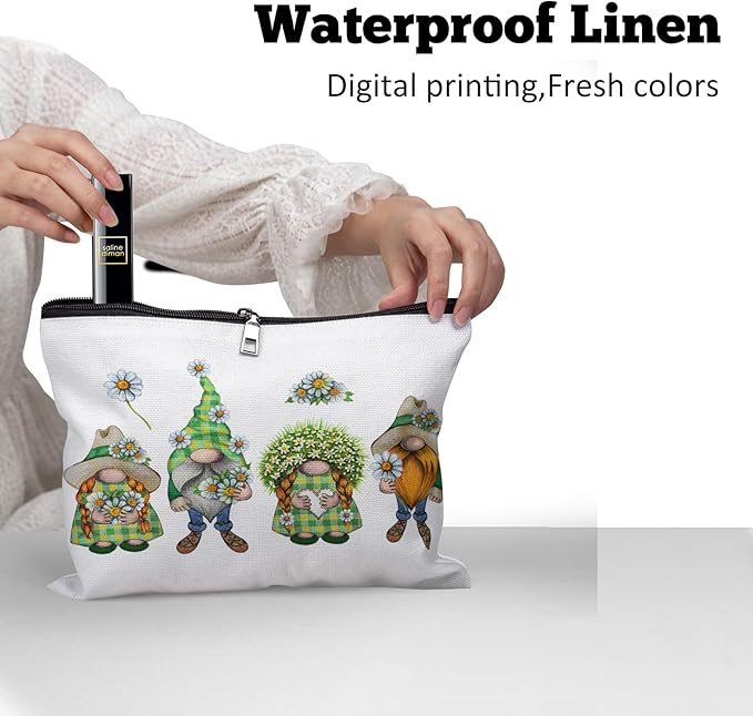 Cafl Watercolor Сhamomile Gnome Makeup Bag Meadow Flowers Gnomes Cosmetic Bag for Women Large Capacity Make Up Bag Portable Travel Toiletry Pouch Organizer 10 * 8inch