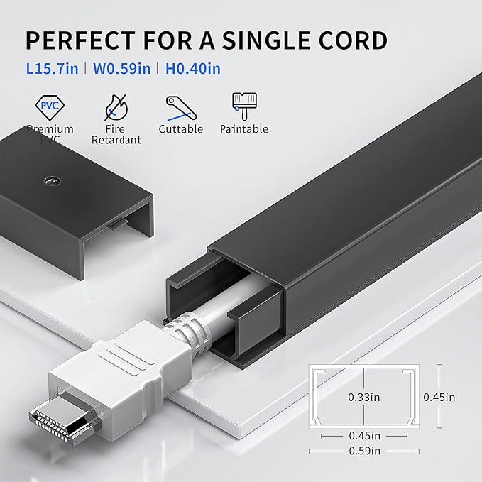 142in Black Cord Hider, Delamu Black Cord Covers for Wires on Wall, One-Cord Cable Hider, Wire Hider Wire Covers for Cords on Wall, Easy Set up Cable Cover Raceway, L15.7 W0.59 H0.4in