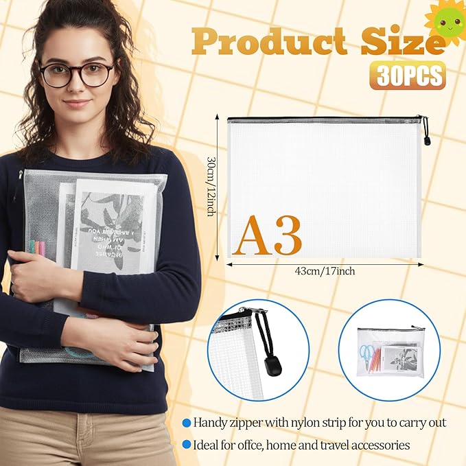 SHENLIU 30 Pcs Plastic Mesh Zipper Pouch Bags, Waterproof A3 Size 17x12 In Large Zipper Storage Bags, Document File Folders, Reusable Documents Pouch for Organizing Office Home Travel Storage