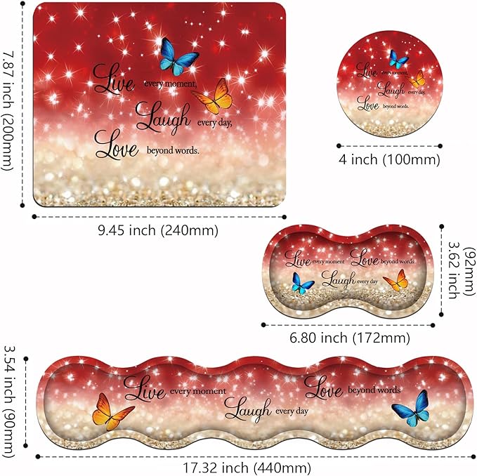 Ergonomic Keyboard Wrist Rest and Mouse Pad Wrist Rest Set with Coasters [4Pcs], Non-Slip Rubber Base for Home Office Working Studying Easy Typing & Pain Relief, Red Glitter Quote Live Laugh Love
