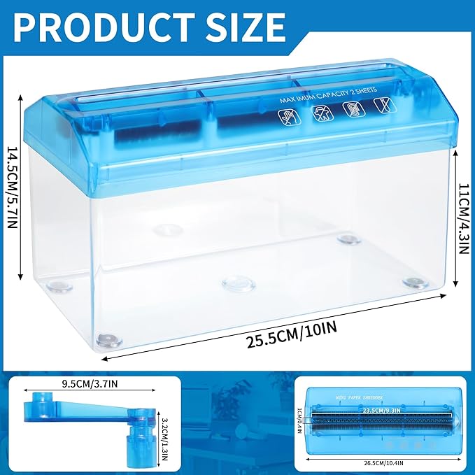 A4 Paper Manual Shredder - Blue Portable Mini Paper Grinder Capacity 3L for A4 Files Documents Straight Cutting Tool Home Office Desktop Supplies WD23BL