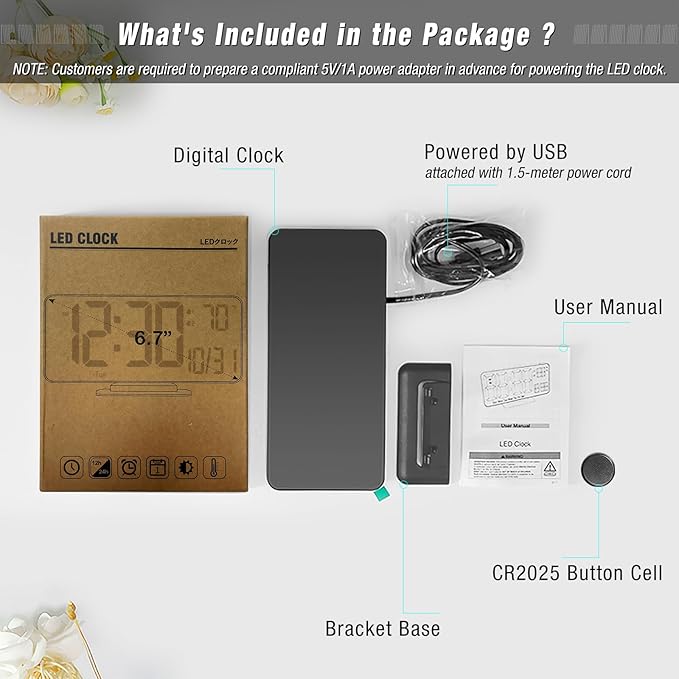 KOSUMOSU Digital Clock for Bedroom, 6.7in Black Alarm Clocks for Bedrooms,Auto Dimming, Date, Day of Week, Indoor Temperature,Digital Alarm Clock,Clocks for Living Room