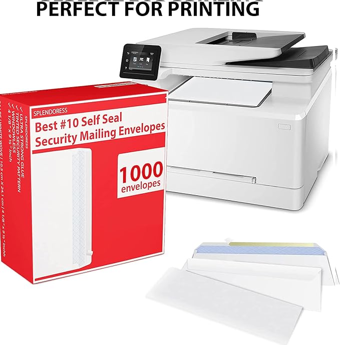 #10 Envelopes Letter Size Self Seal | 1,000 Business Mailing Security Peel and Sealing Envelope | 100% Tinted | no 10 White Windowless Legal Regular Plain Envelops Pack | 4-1/8 x 9-1/2 Inches | 24 LB