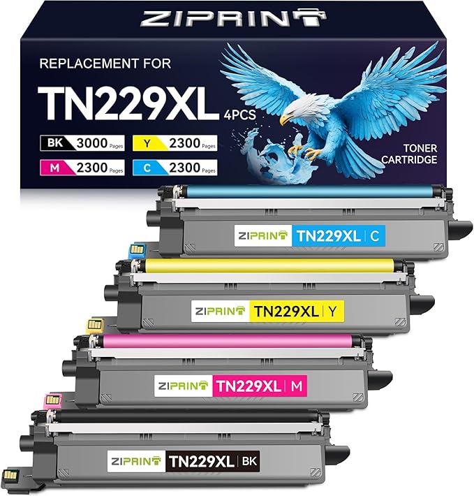 ZIPRINT TN229XL TN229 Toner 4 Pack Compatible Replacement for Brother TN229XL TN 229 Toner Cartridges for MFC-L3780CDW HL-L3280CDW MFC-L3720CDW HL-L3220CDW HL-L3300CDW HL-L3295CDW Printer