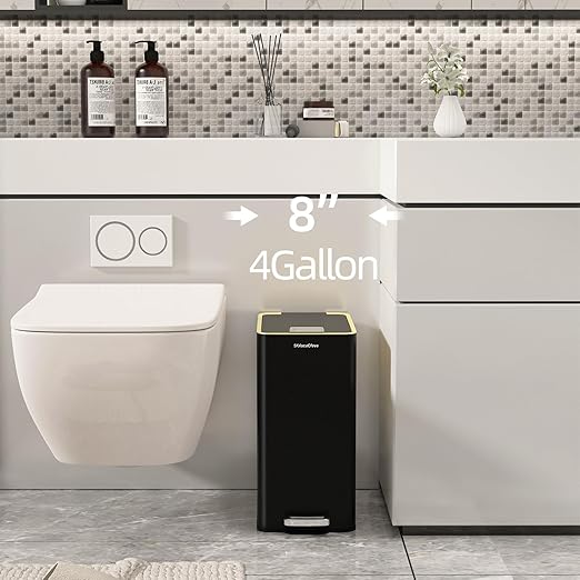 Stainless Steel Trash Can with Soft Close Lid,15 Liter/4 Gallon Garbage Can Removable Wastebasket, Rectangular for Bathroom, Office,Living Room (Black)
