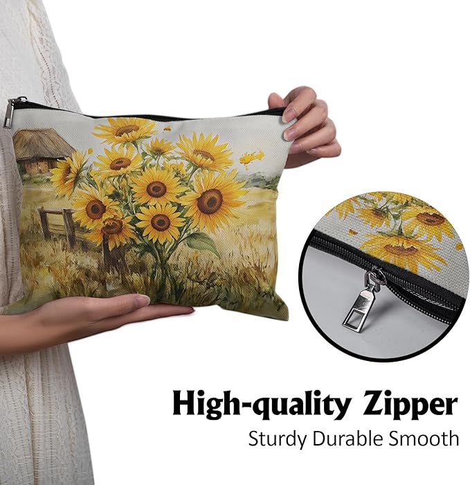 Cafl Sunlit Barnyard Makeup Bag Sunflower Field Cosmetic Bag for Women Large Capacity Make Up Bag Portable Travel Toiletry Pouch Organizer 10 * 8inch