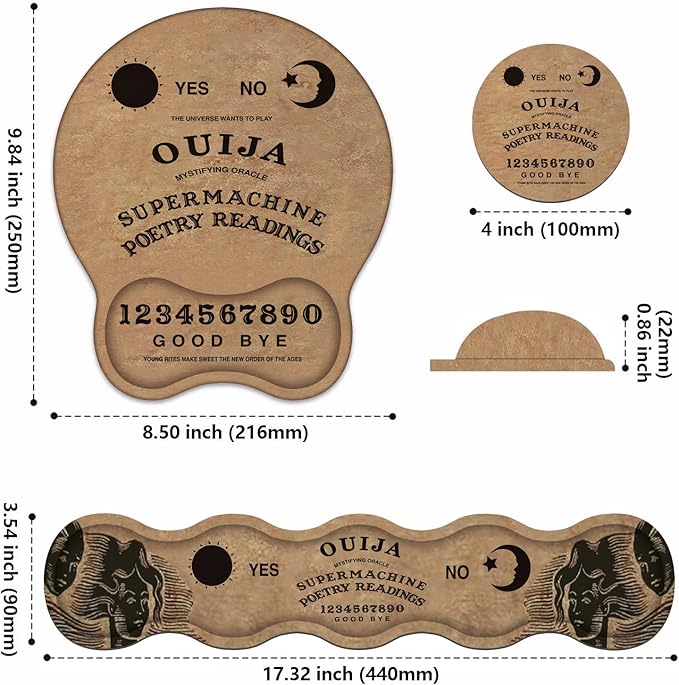 Wrist Rest Support Ergonomic Gel Mouse Pad & Memory Foam Keyboard Set, Non-Slip Rubber PU Base for Home Office Working Studying Easy Typing & Pain Relief, Retro Ouija Board