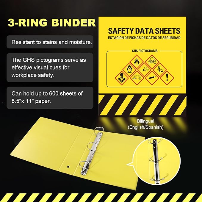 MSDS SDS Binder and Wall Station - Yellow Heavy Duty 3 Inch Material Safety Data Sheet 3 Ring Binder with SDS Wire Rack and Display Sign, Chain,Mounting Hardware,Safety Posters,MSDS Labels